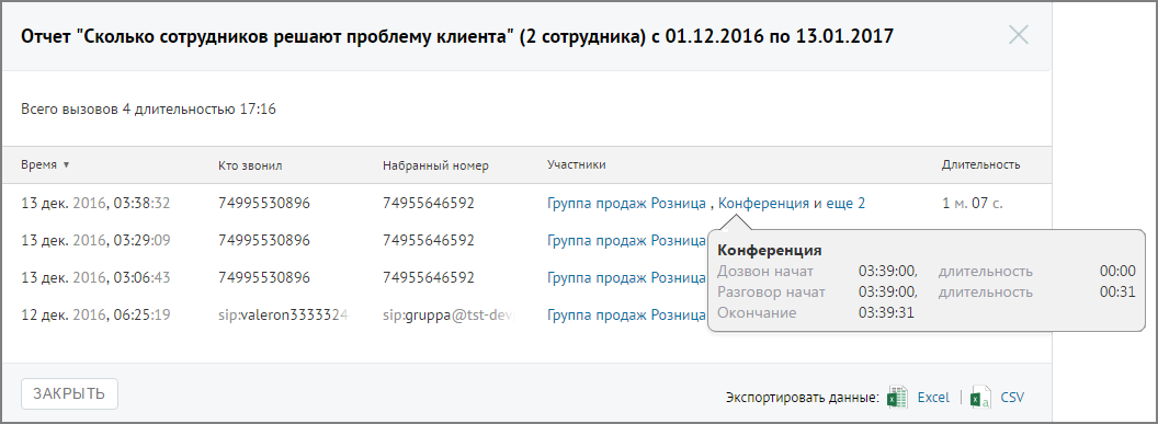 Подсказка с подробной информацией по вызову