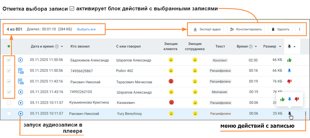 Панель действий с записями