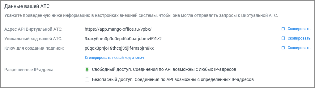 Данные АТС