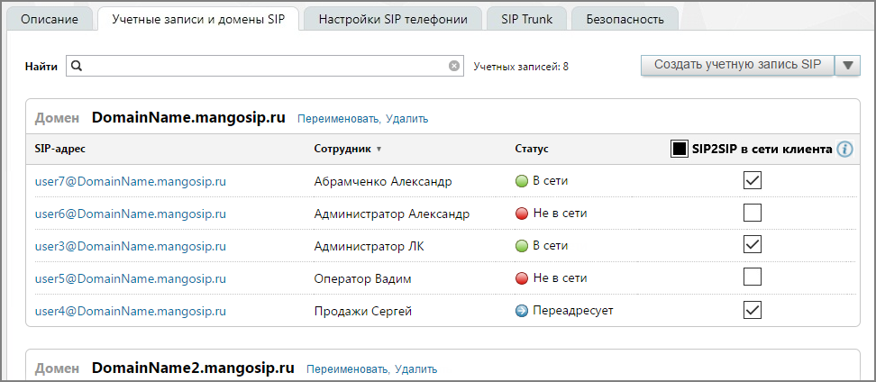 Учётные записи и домены SIP