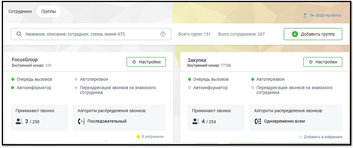 Скриншот вкладки группы