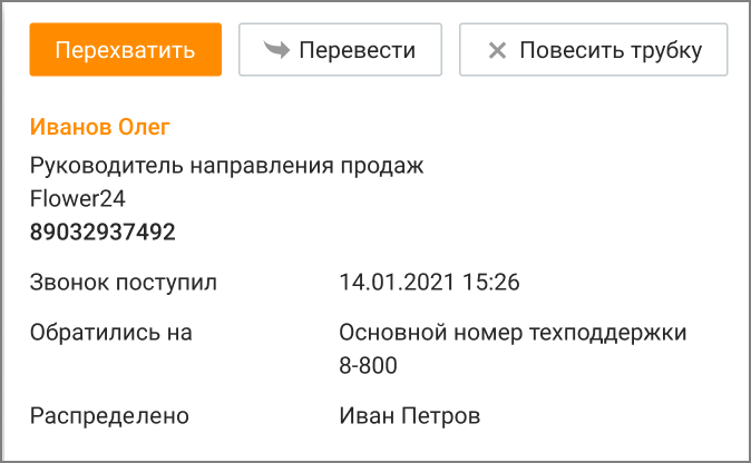 Контекстное меню управления вызовом