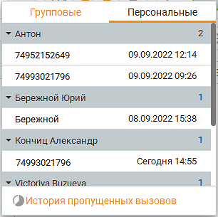 Список пропущенных вызовов