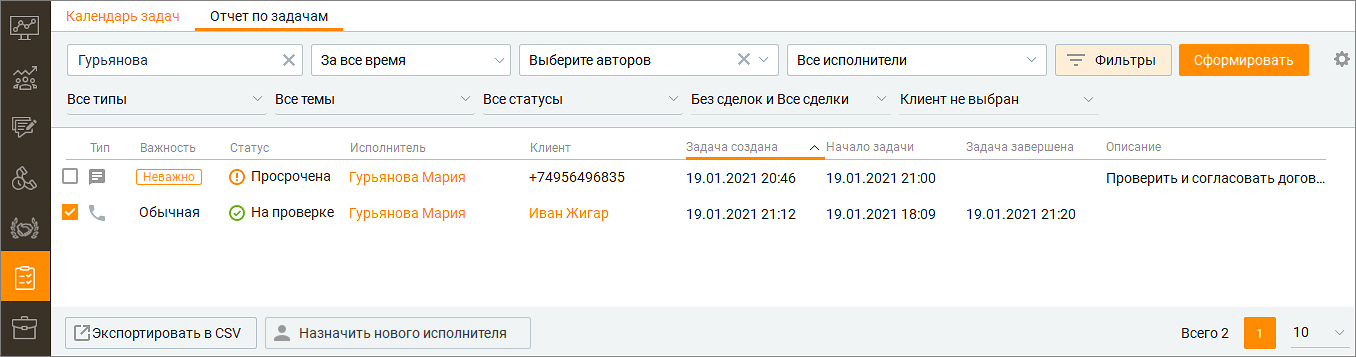 Окно отчета по задачам