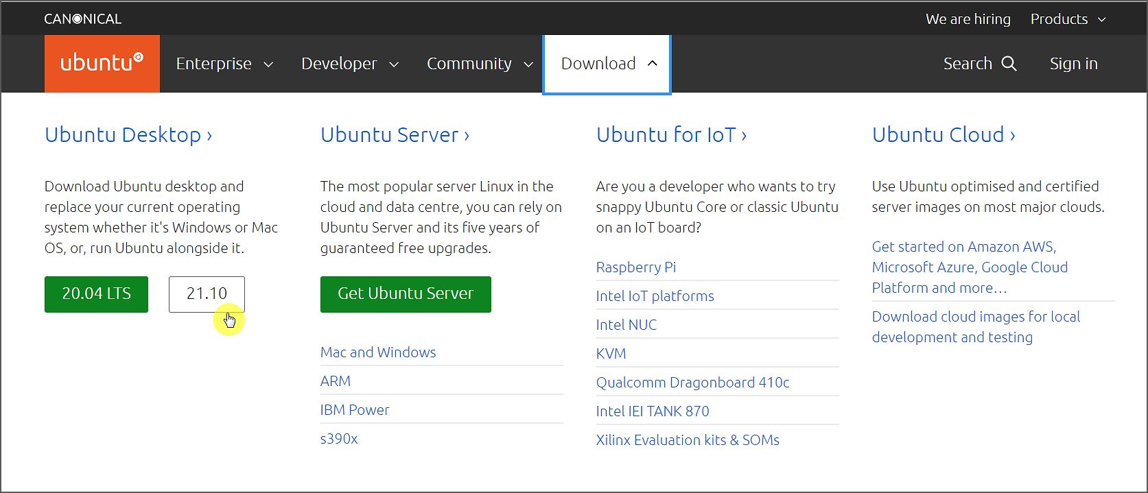 Страница загрузки Ubuntu