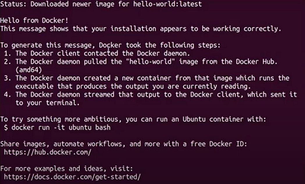 Сообщение об успешной установке Docker